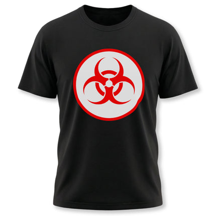 Black t-shirt featuring a bold red biohazard warning symbol graphic print.