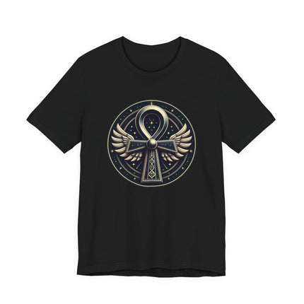 Winged Ankh symbol graphic on a black tee, featuring ancient Egyptian gold detailing.