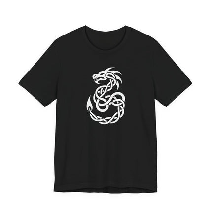 Celtic dragon knotwork graphic on a black t-shirt.