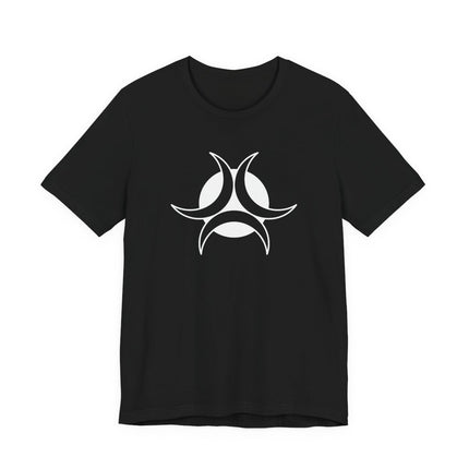 Triple Moon Goddess symbol graphic on a black unisex t-shirt.