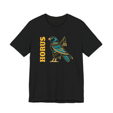 Horus Egyptian falcon graphic tee featuring the god's symbol on a black shirt.