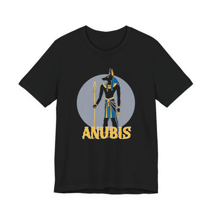 Graphic tee featuring Anubis, the jackal-headed Egyptian god, on a black shirt.