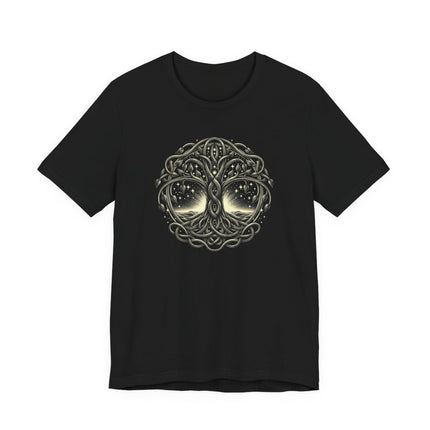 Celtic Tree of Life graphic on a black tee. Intricate Yggdrasil design featuring Celtic mythology and spiritual symbolism.