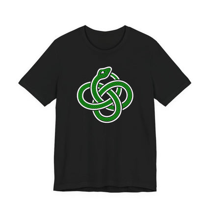 Green Celtic serpent knotwork graphic on a black t-shirt.