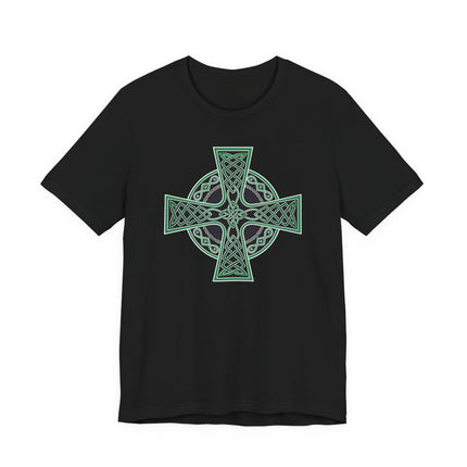 Black t-shirt featuring an intricate green Celtic Cross knotwork design. Irish knotwork graphic tee.