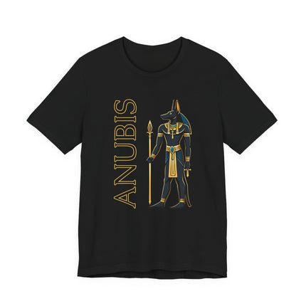Anubis Egyptian god graphic tee on a black shirt, featuring the deity and the name ANUBIS in gold detail.
