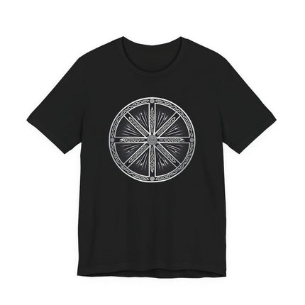 Black tee featuring a white Celtic Wheel symbol. Intricate pagan knotwork design.