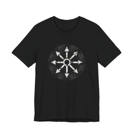 Occult chaos star symbol graphic on a black t-shirt. Esoteric magic design tee.