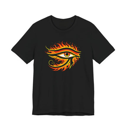 Ancient Egyptian Eye of Ra symbol graphic, fiery design on a black t-shirt.