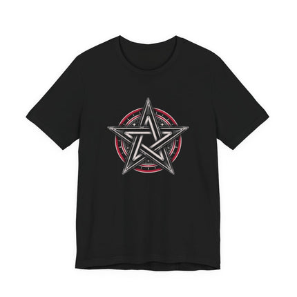 Black graphic tee featuring a detailed pentagram pentacle occult symbol design.