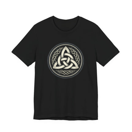Celtic Triquetra knotwork graphic tee on a black t-shirt.