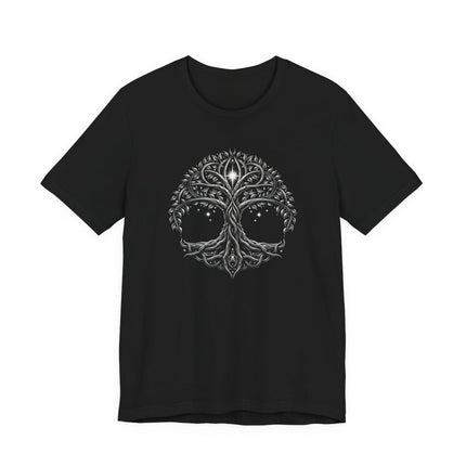Celtic Tree of Life Yggdrasil graphic t-shirt with skull design.