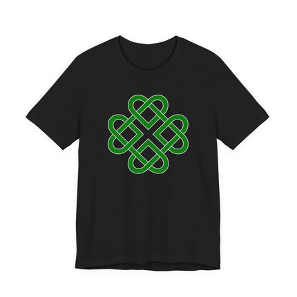 Green Celtic knot clover symbol graphic on a black t-shirt.