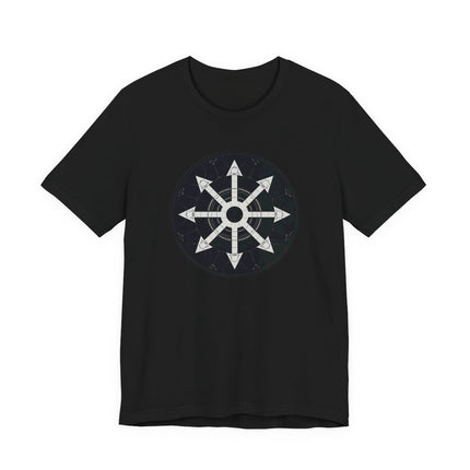 Occult chaos star sigil graphic on a black unisex t-shirt.