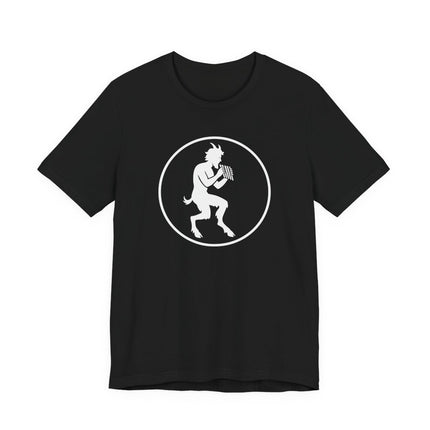 Minimalist satyr Pan silhouette playing a flute on a black t-shirt. Greek mythology graphic tee.