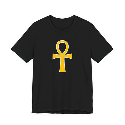 Egyptian Ankh symbol graphic on a black unisex t-shirt.