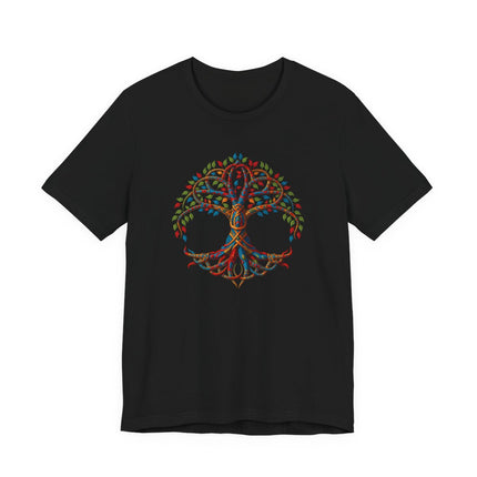 Colorful Celtic Tree of Life graphic on black tee, featuring Yggdrasil roots and vibrant nature details.
