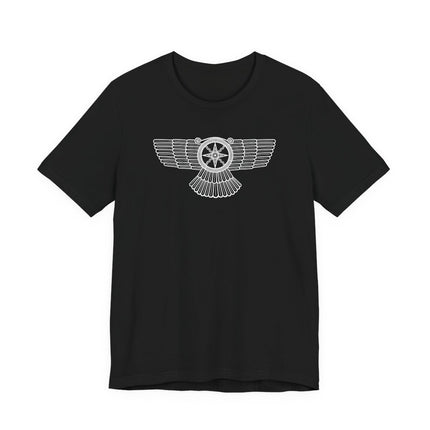 Winged sun symbol graphic of Shamash on a black t-shirt, representing Mesopotamian mythology.