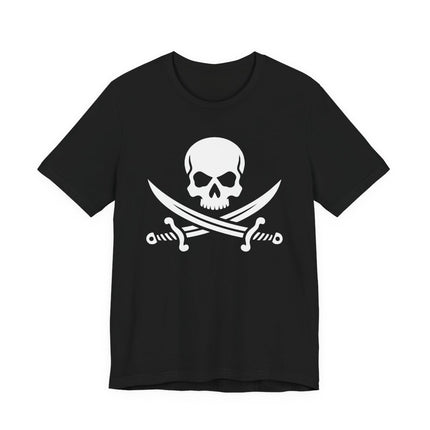 Pirate skull and crossed swords graphic on a black t-shirt.