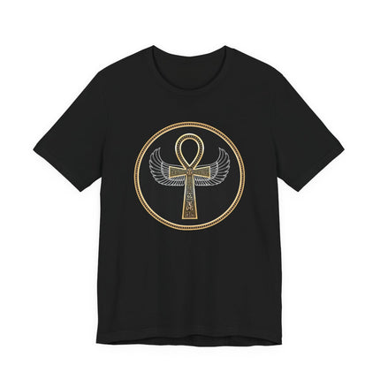 Gold winged ankh symbol graphic on a black t-shirt, featuring ornate ancient Egyptian design.