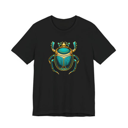 Scarab beetle graphic tee featuring ornate Egyptian mythology design on a black t-shirt.