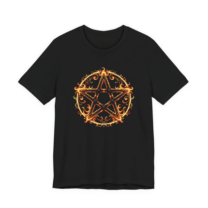 Fiery pentagram occult symbol graphic on a black t-shirt.