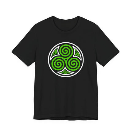 Green Celtic triskelion symbol on a black graphic t-shirt.