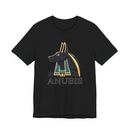 Anubis Egyptian god graphic tee featuring a jackal head design and name.