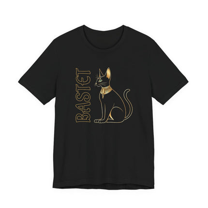 Gold Bastet Egyptian cat graphic on black t-shirt featuring the goddess.
