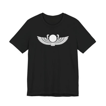 Egyptian winged sun disk graphic tee on a black unisex t-shirt.