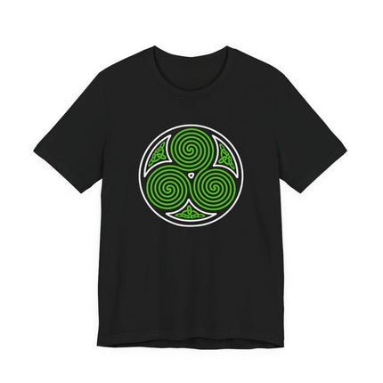 Green Celtic triskelion triple spiral knotwork design on a black graphic t-shirt.