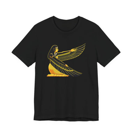 Isis Egyptian goddess graphic tee featuring stylized wings and ancient Egyptian mythology art.