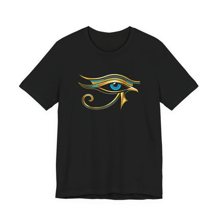 Eye of Ra symbol graphic on a black t-shirt, featuring ancient Egyptian gold and blue details.