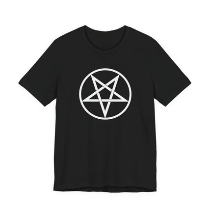 Black graphic tee featuring a white inverted pentagram symbol.