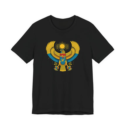 Egyptian Ra falcon graphic tee featuring the Sun God symbol of Ancient Egypt.