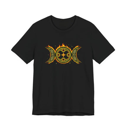 Flaming Celtic triple moon goddess symbol graphic tee design on a black t-shirt.