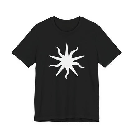 Mystical solar symbol graphic on a black unisex t-shirt. Occult spiritual apparel.