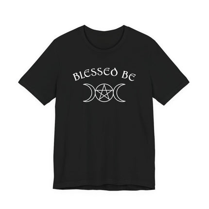 Blessed Be witchy t-shirt featuring pentagram and triple moon goddess symbols.