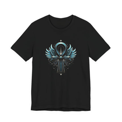Winged Ankh Egyptian symbol graphic tee on a black shirt.