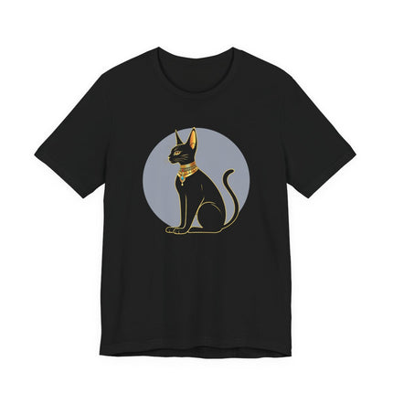 Bastet Egyptian goddess cat silhouette graphic on a black t-shirt.