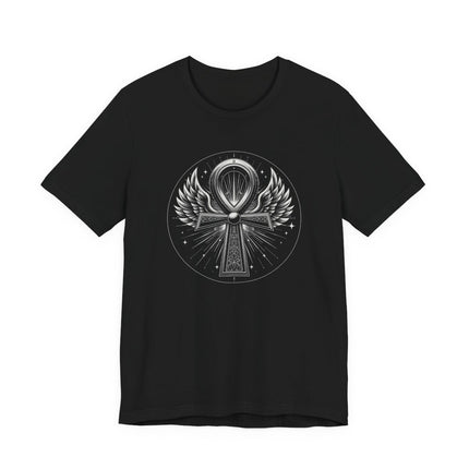 Winged Ankh Egyptian symbol graphic tee on a black t-shirt.