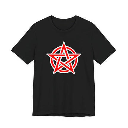 Red pentagram symbol graphic on a black occult t-shirt.
