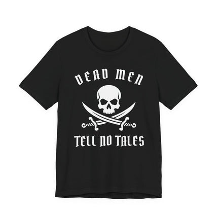 Black t-shirt with "Dead Men Tell No Tales" skull and crossed swords graphic.