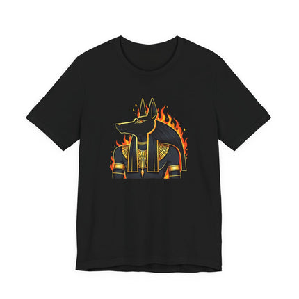 Flaming Anubis Egyptian god graphic tee shirt design for mythology and ancient Egypt lovers.