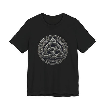 Triquetra Celtic knot symbol graphic on a black t-shirt.