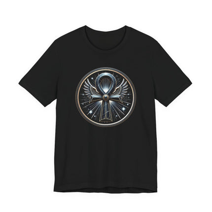 Black t-shirt with a winged Ankh symbol graphic, representing ancient Egyptian life and mythology.
