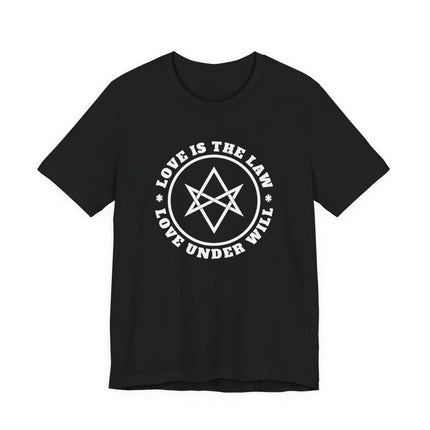 Love Is the Law hexagram graphic tee shirt featuring the Thelema motto.