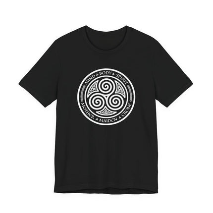 Celtic triskelion t-shirt with Mother Maiden Crone and Mind Body Spirit symbols.