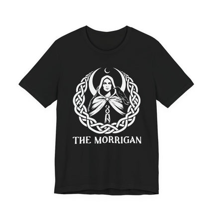 Celtic knotwork t-shirt featuring the Morrigan goddess, moon, and raven mythology graphic design.