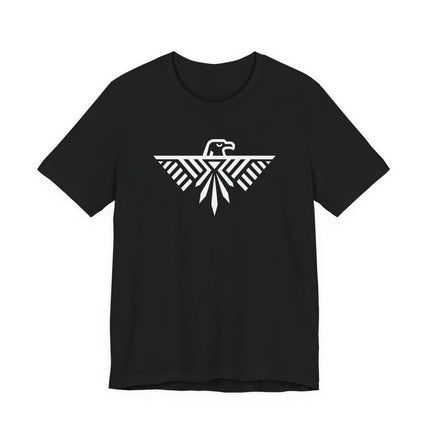 Geometric thunderbird and eagle graphic design on a black unisex t-shirt.